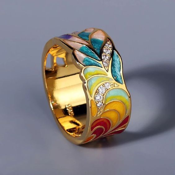 Vintage Enamel Colorful Gold Ring