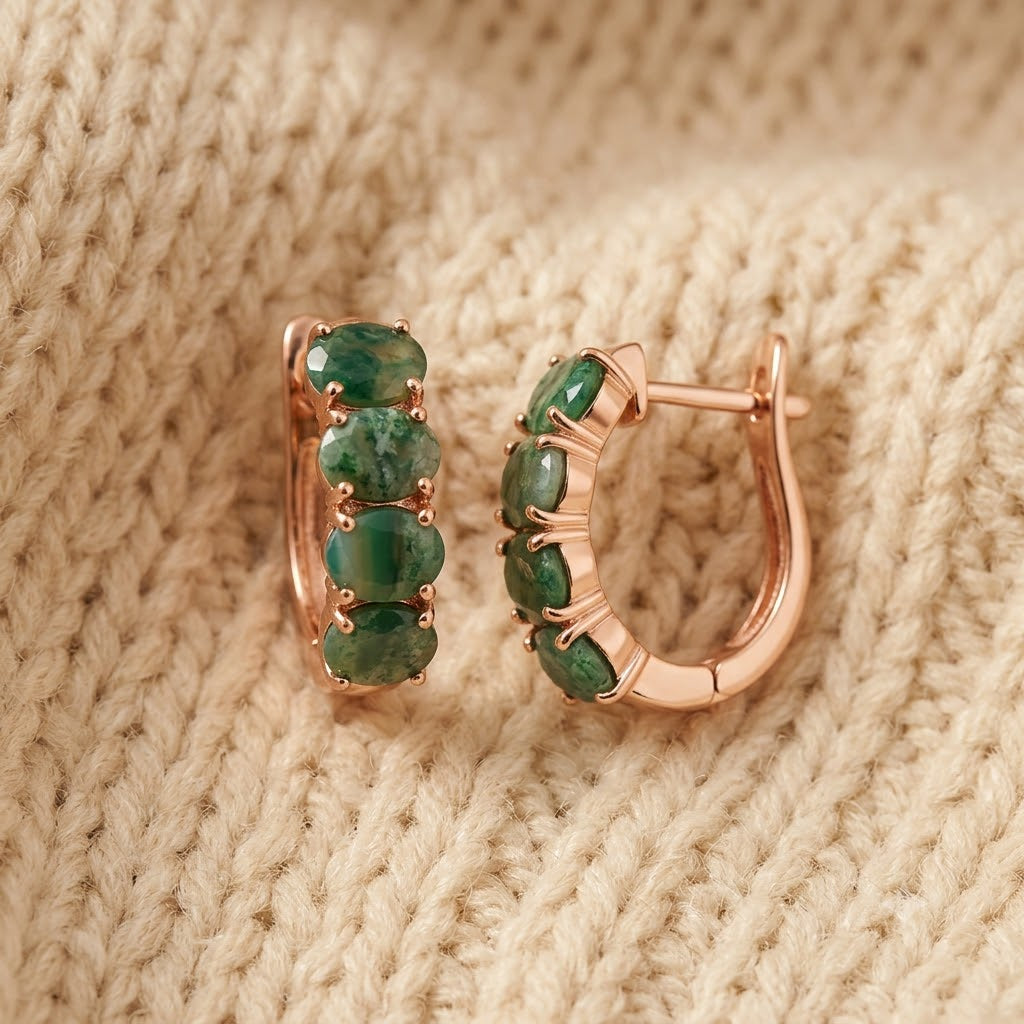 Natural Green Agate Ring & Hoop Earring Set in Sterling Silver