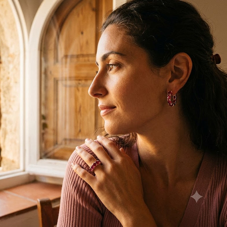 Natural Ruby Ring & Hoop Earring Set in Sterling Silver
