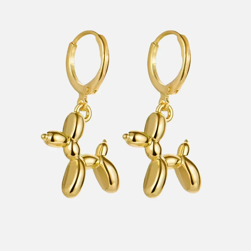 Golden Huggie Hoop Earrings with Balloon Dog Pendant