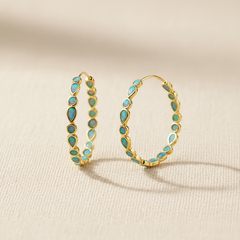 Vintage Blue Opal Golden Hoop Earrings