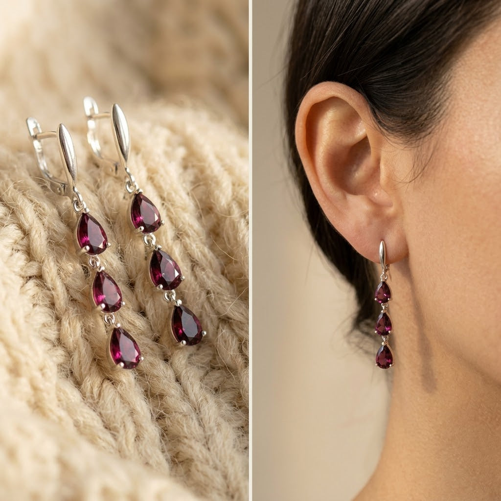 Silver drop earrings with four dangling teardrop-shaped deep purple gemstones, shown on a beige knit sweater on the left and worn on a model's ear on the right.