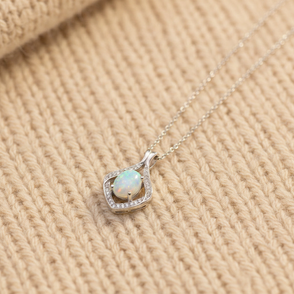 Natural Opal Pendant Necklace in Sterling Silver