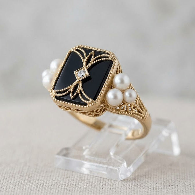Black Enamel & Pearl Gold Ring