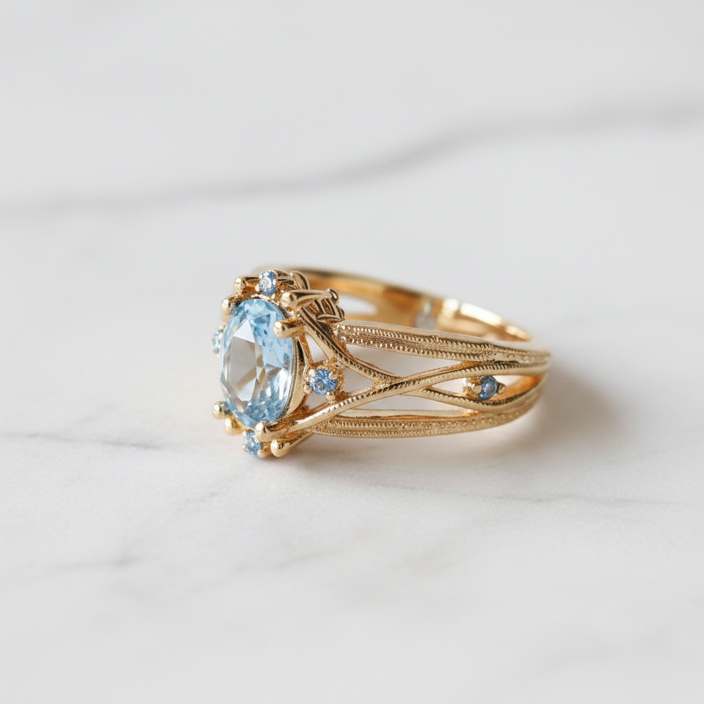 Inlaid Blue Glass Gold Ring