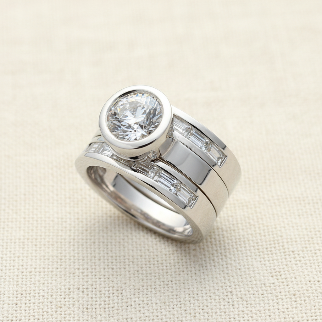 Vintage Layered Crystal Wide Ring in Silver| smaller baguette-