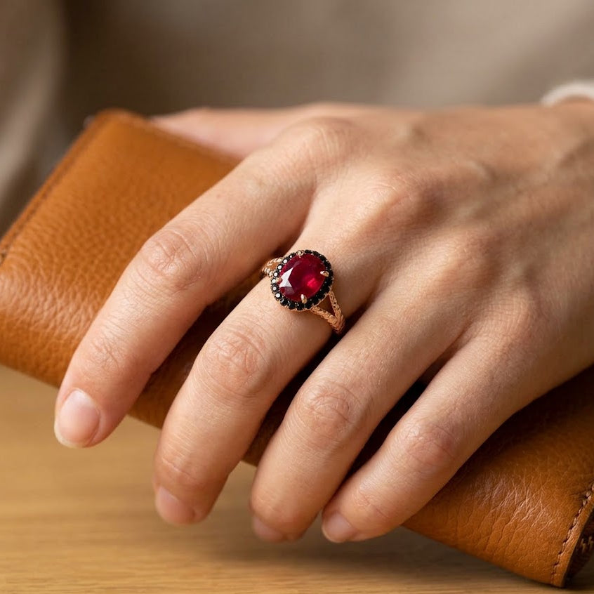 Composite Ruby Ring & Earring Set in Rose Gold-Plated Sterling Silver