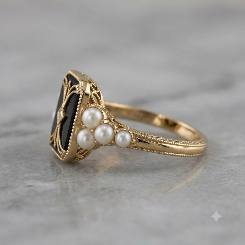 Black Enamel & Pearl Gold Ring