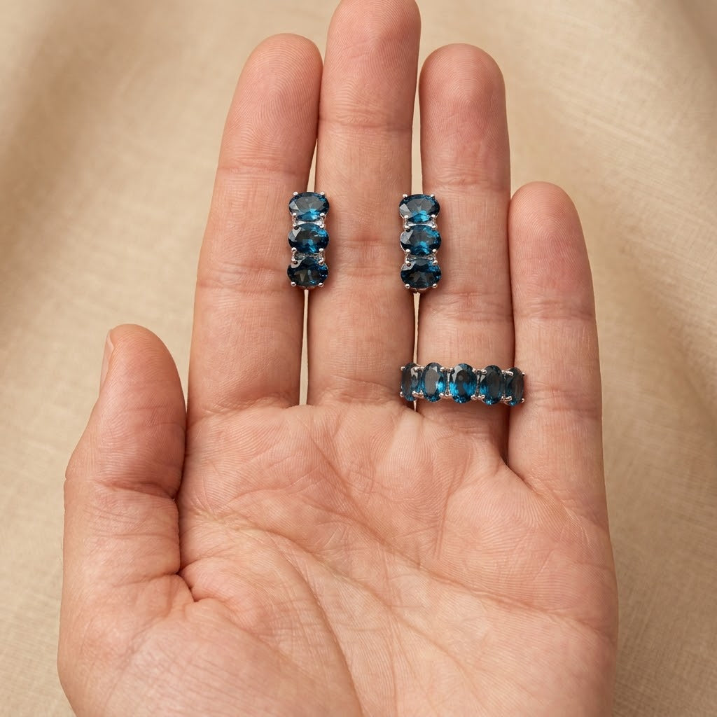 Natural London Blue Topaz Ring & Earring Set in Sterling Silver