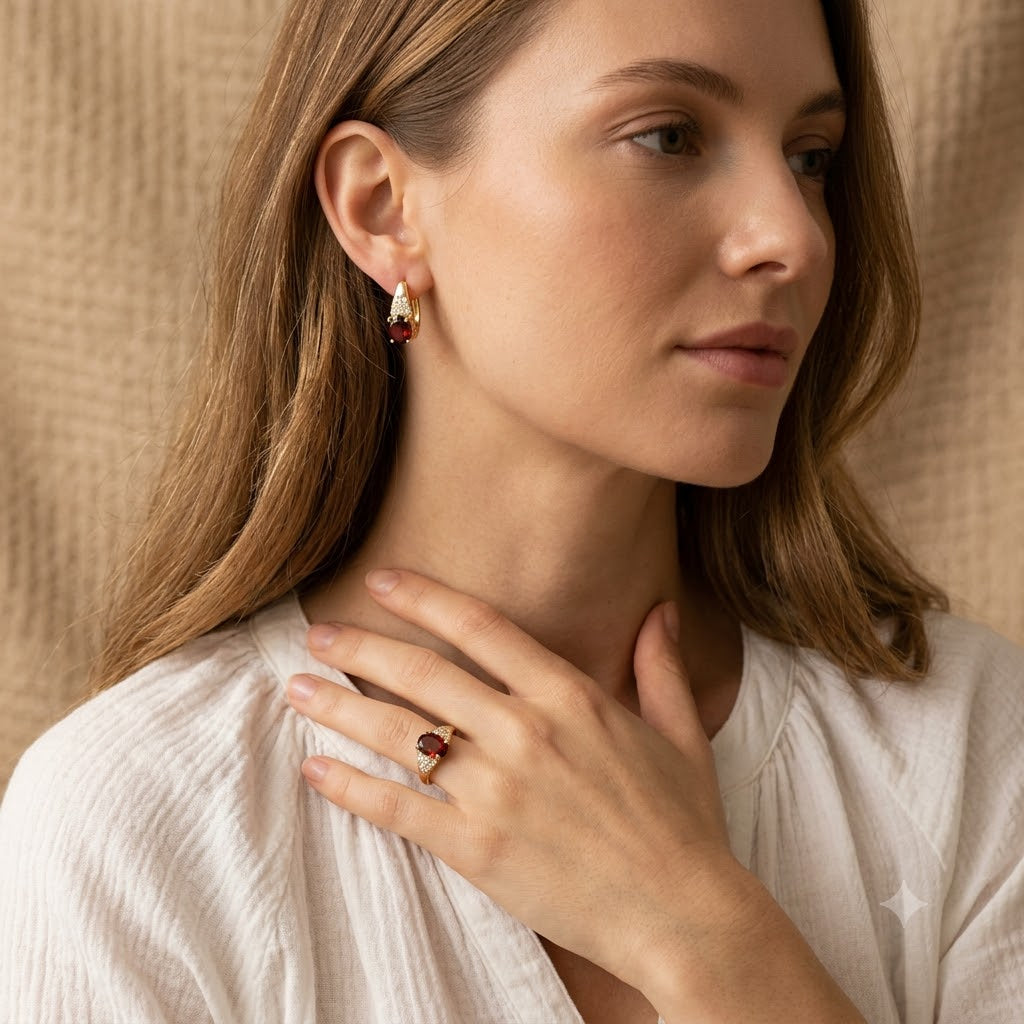 Natural Garnet Ring and Earring Set in Sterling Silver