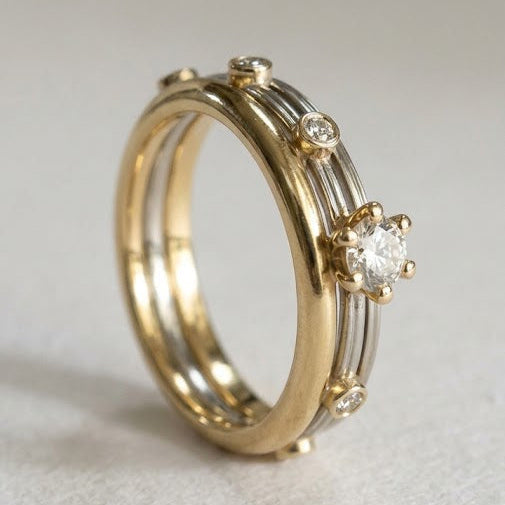 Layered Multi-Band Ring in Gold