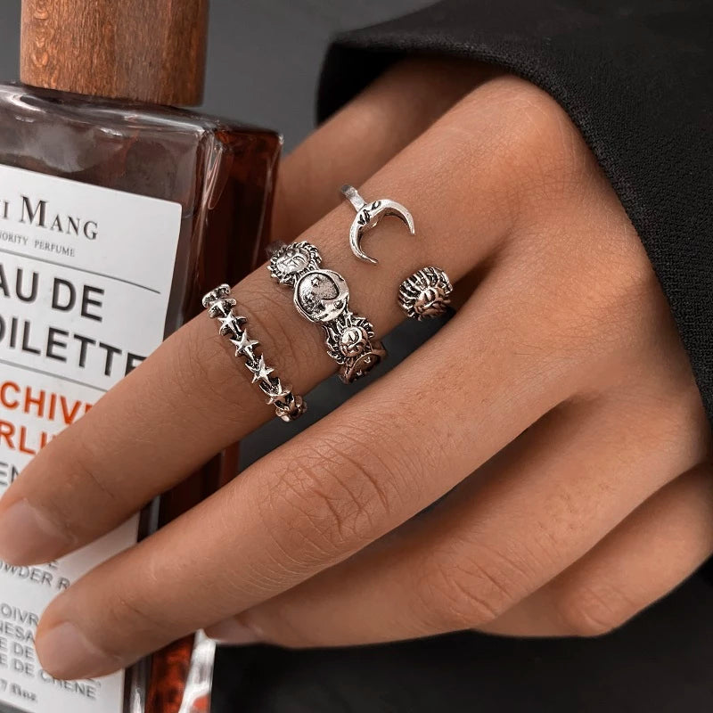 Vintage Moon and Star Ring Set in Silver