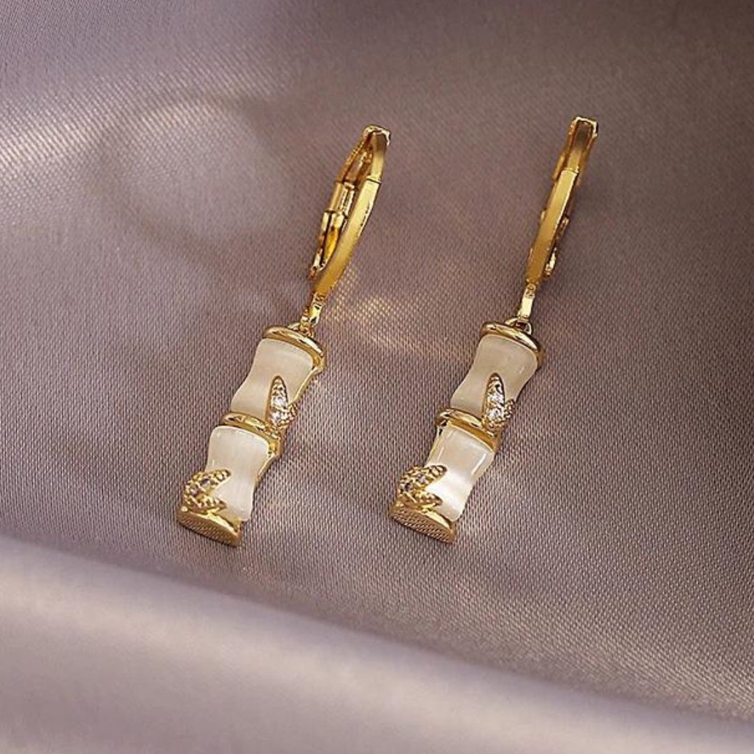 White Opal Bamboo Earrings in Gold | By Sophi