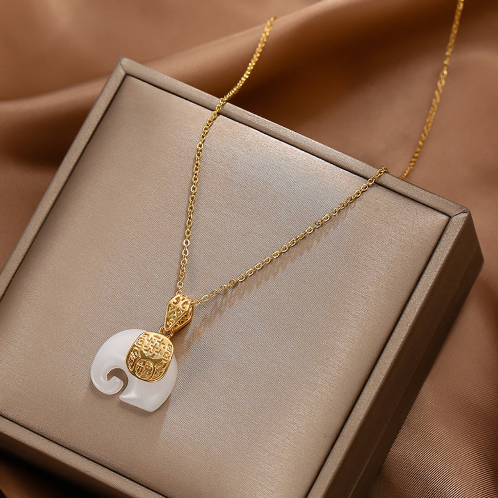 Elephant Necklace with White Opal in Gold