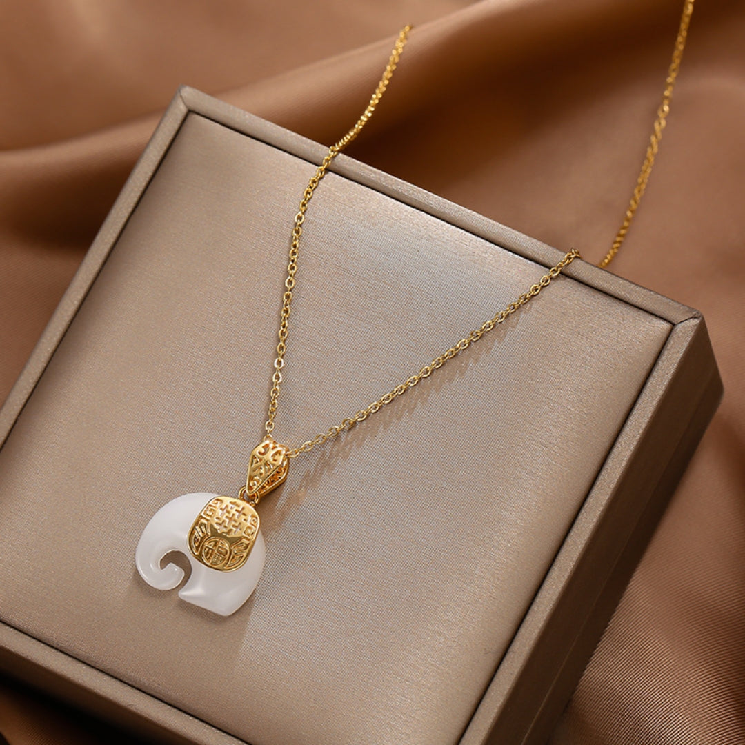Elephant Necklace with White Opal in Gold