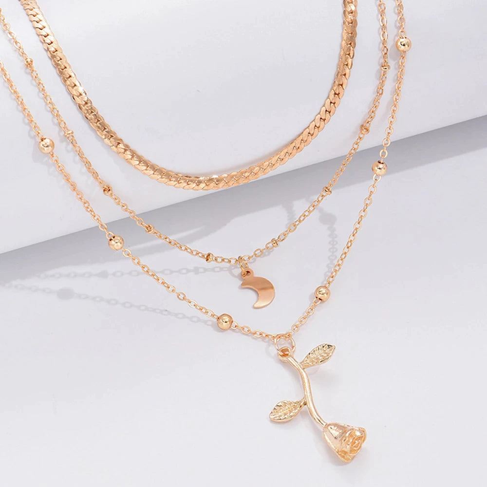 Rose and Moon Pendant Necklace in Gold