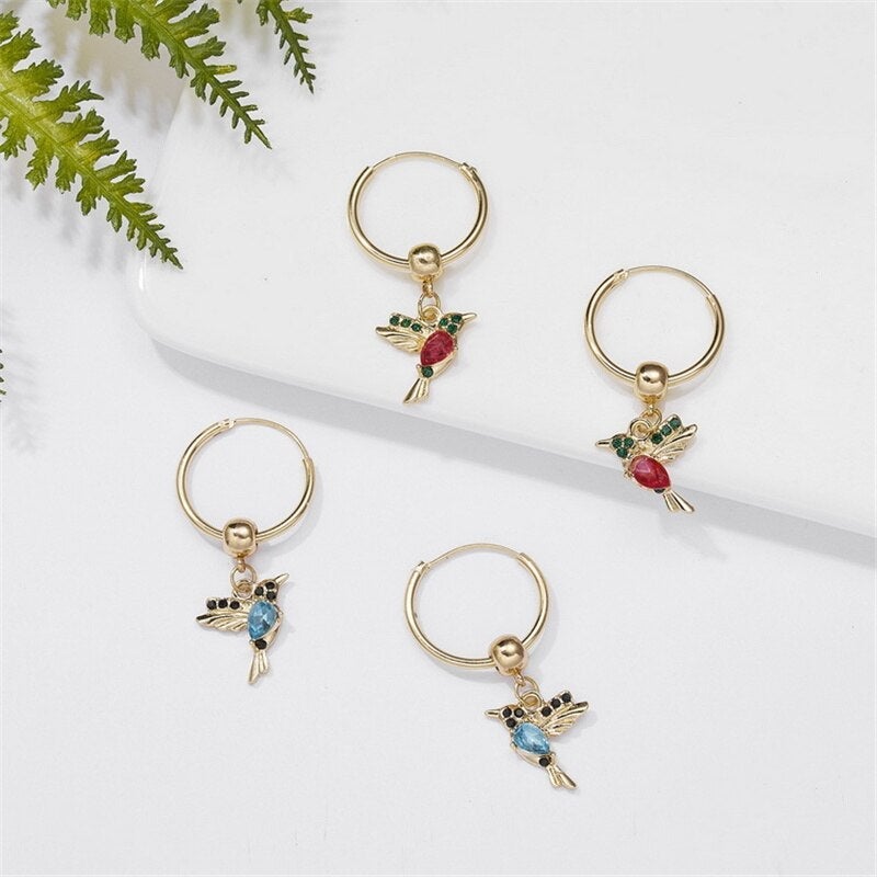 Flying Hummingbird Earrings with Zirconia Inlay