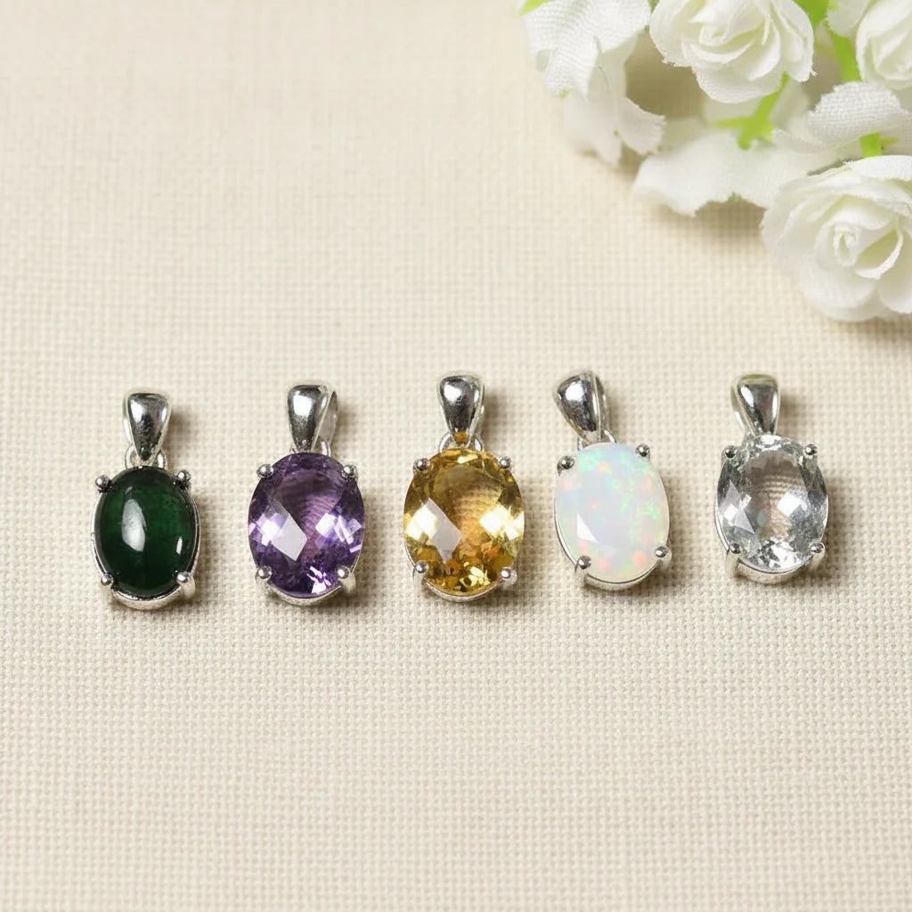Natural Gemstone Oval Pendant Necklace in Sterling Silver