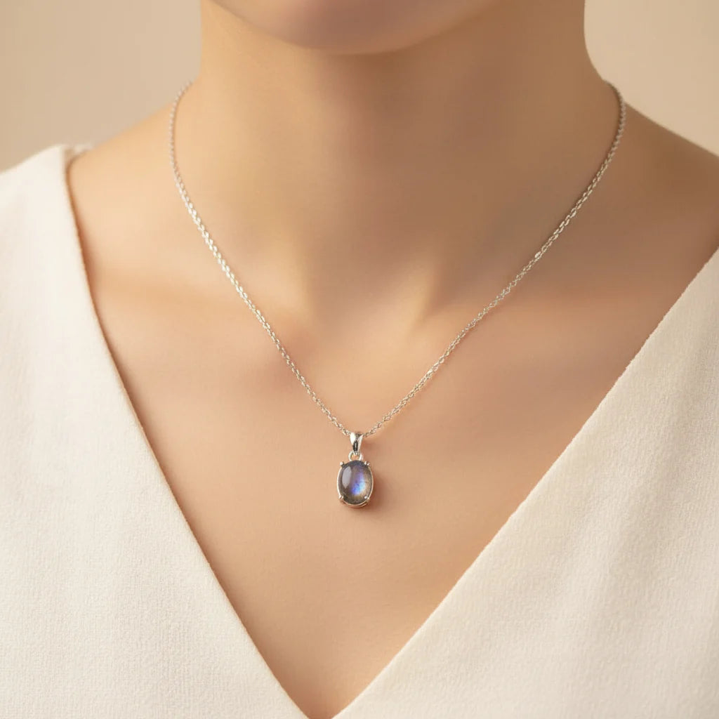 Natural Gemstone Oval Pendant Necklace in Sterling Silver