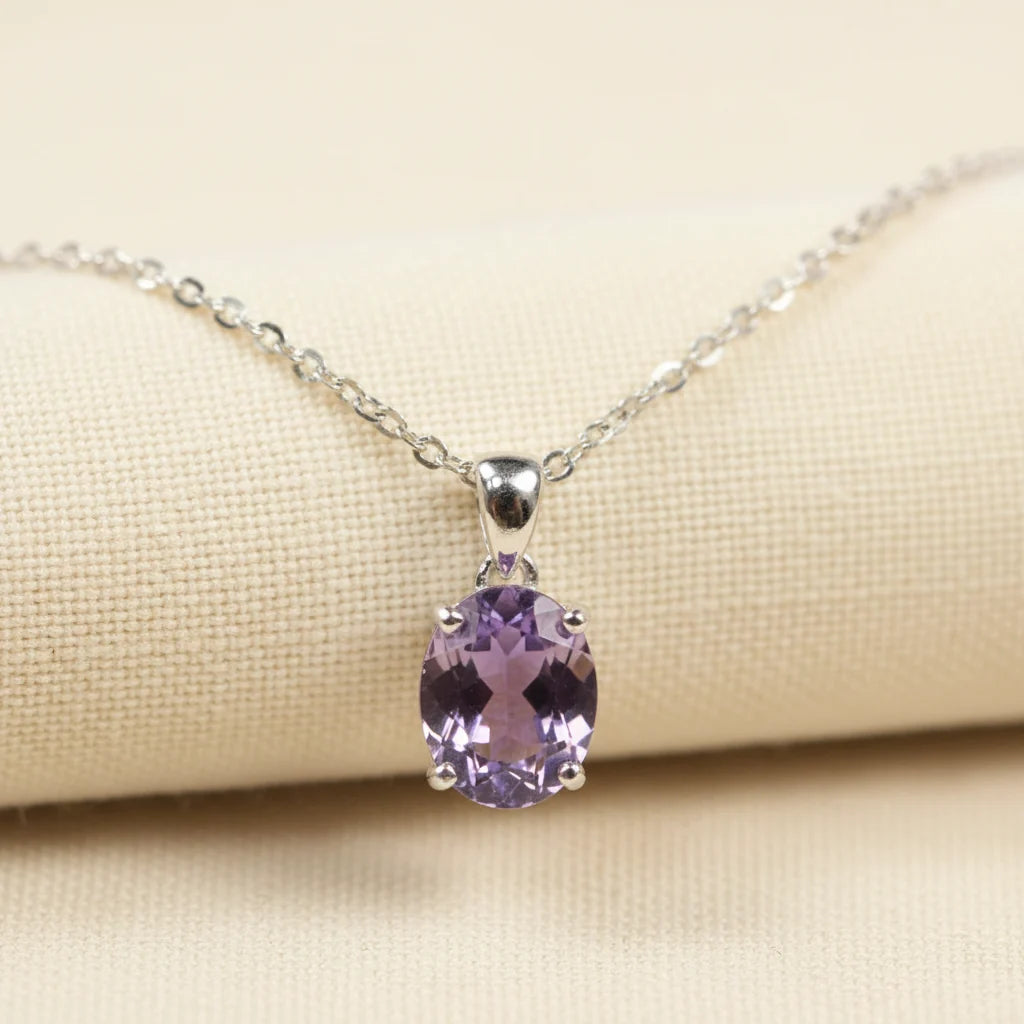 Natural Gemstone Oval Pendant Necklace in Sterling Silver