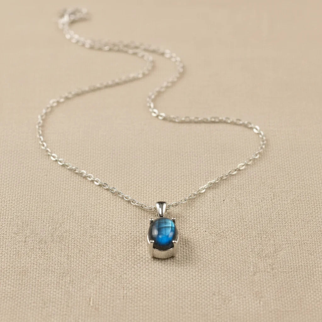Natural Gemstone Oval Pendant Necklace in Sterling Silver