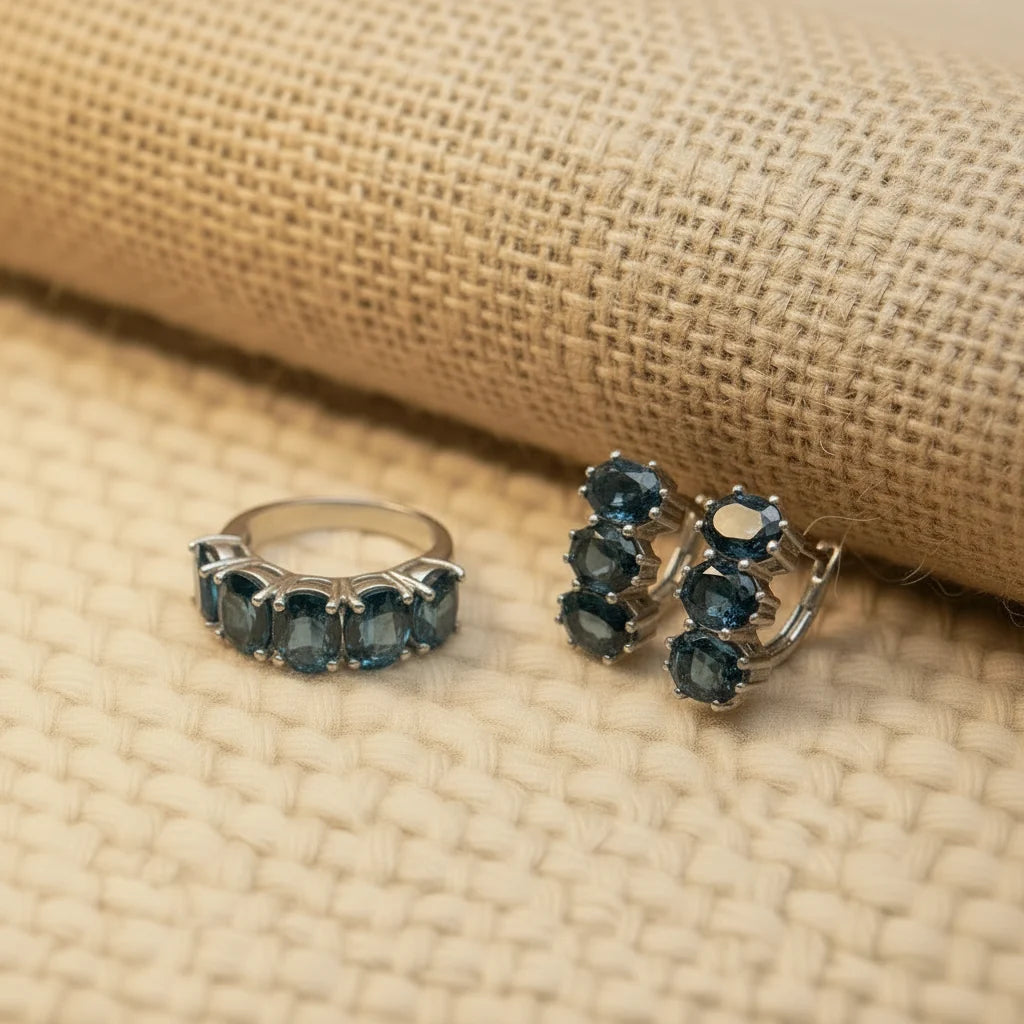 Natural London Blue Topaz Ring & Earring Set in Sterling Silver