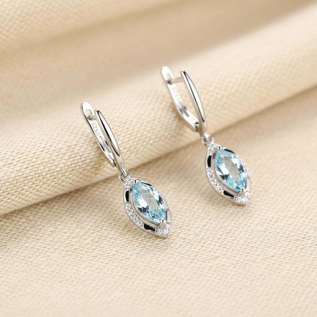Natural Sky Blue Topaz Marquise Drop Earrings in Sterling Silver