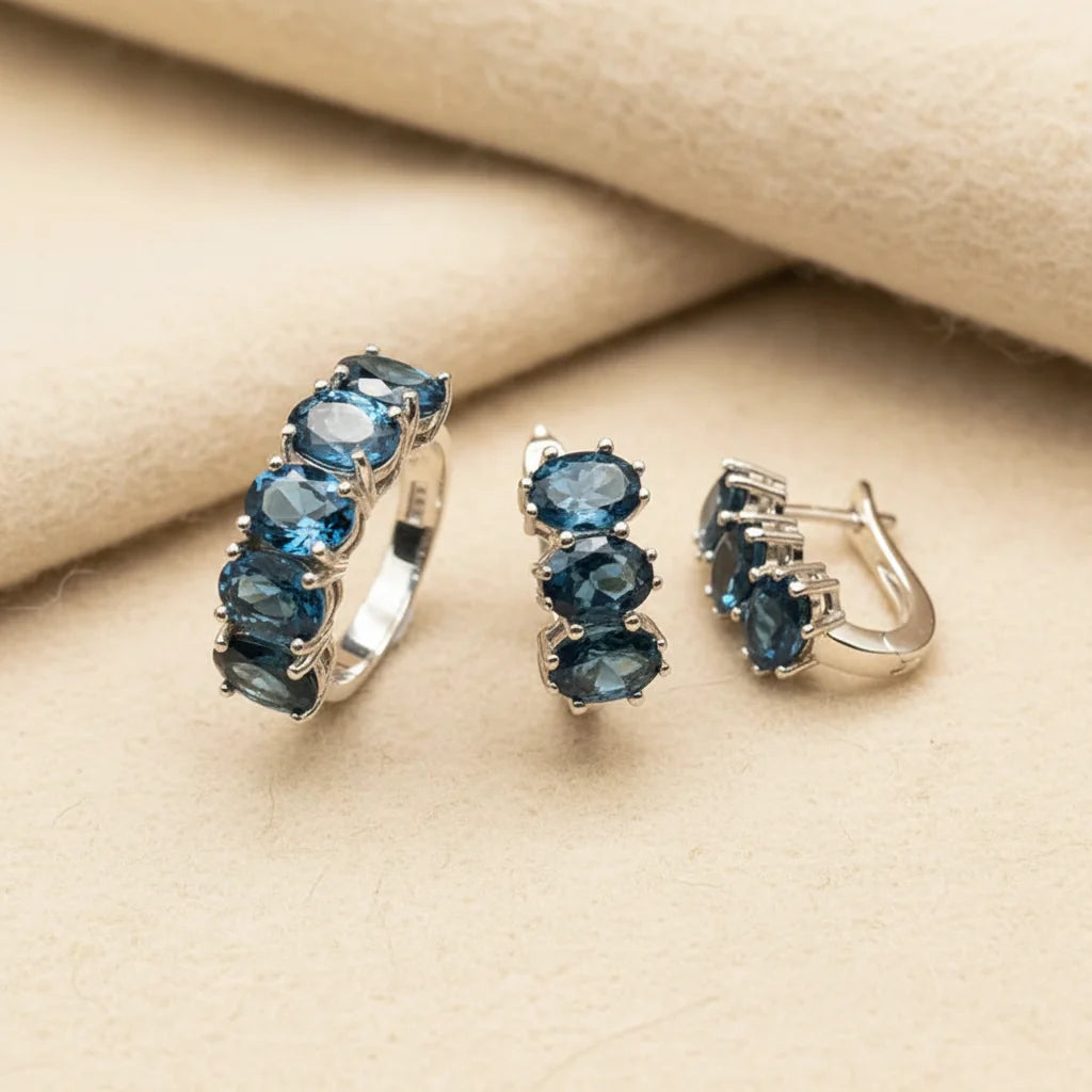 Natural London Blue Topaz Ring & Earring Set in Sterling Silver