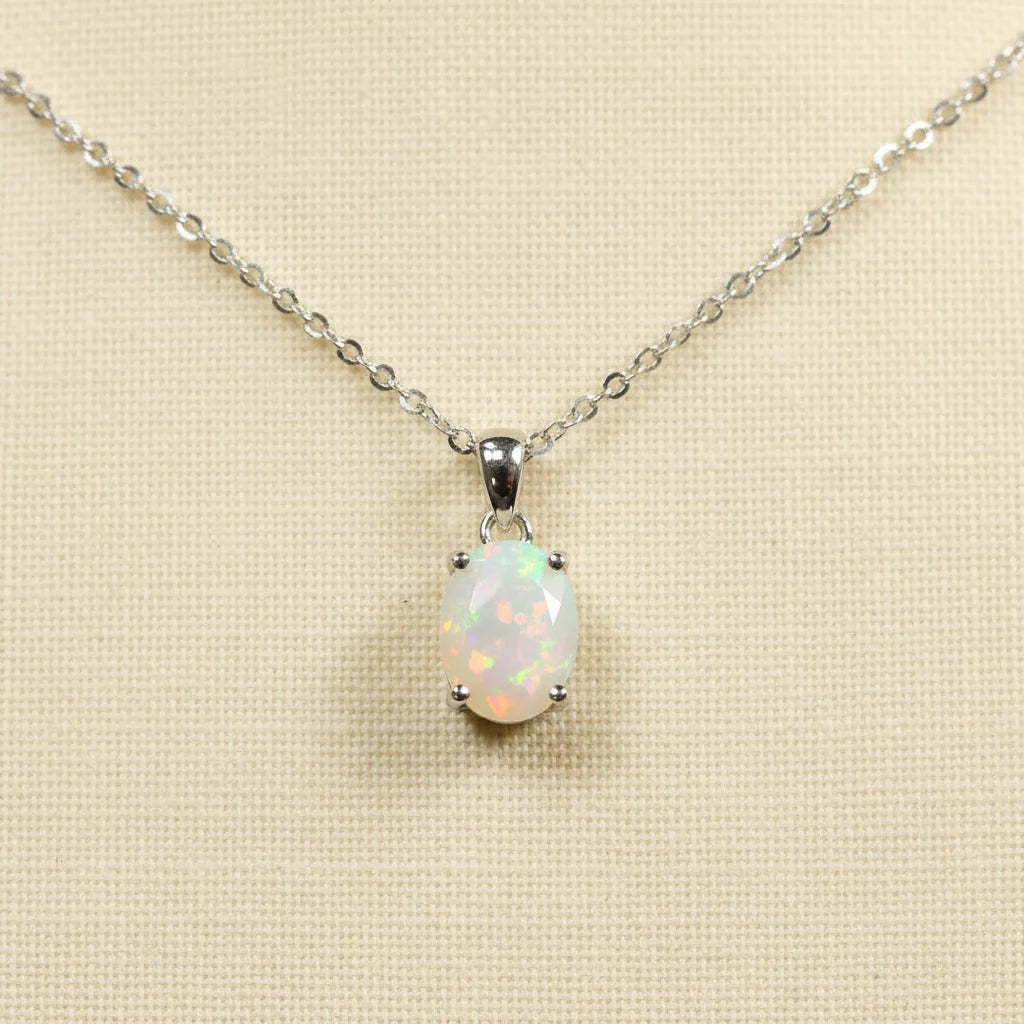 Natural Gemstone Oval Pendant Necklace in Sterling Silver