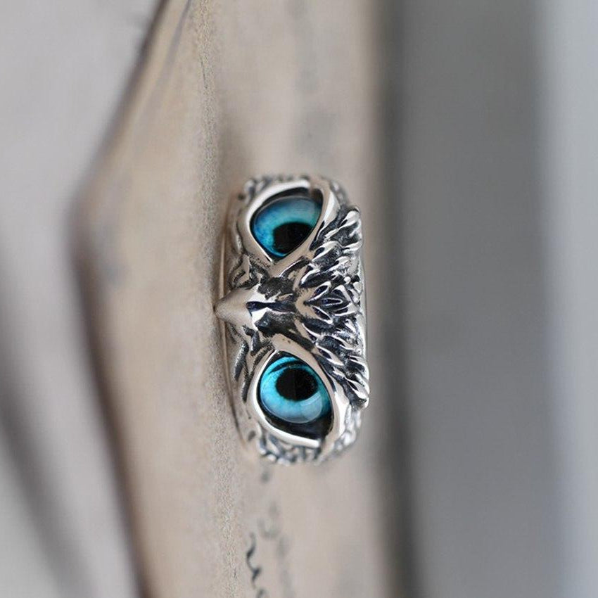 Owl of Good Luck Adjustable Ring in Silver and Opal