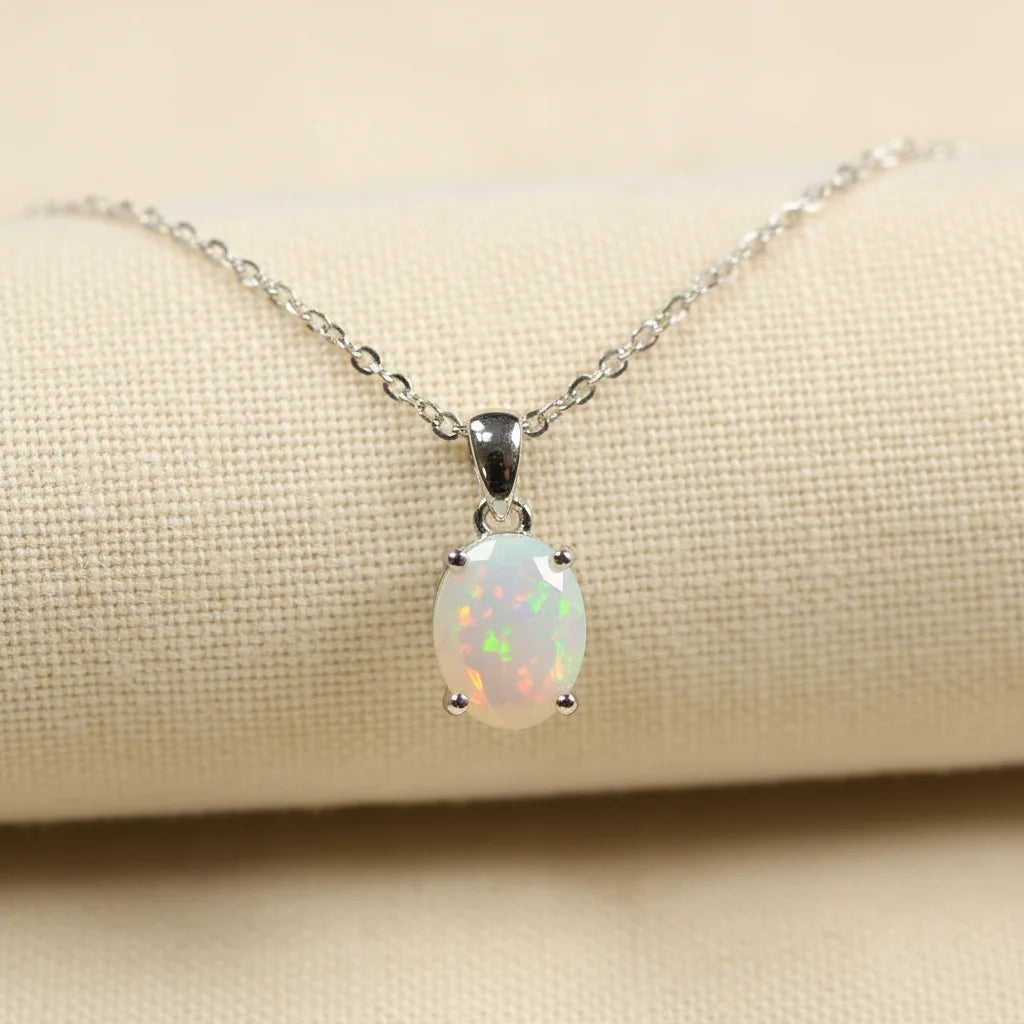 Natural Gemstone Oval Pendant Necklace in Sterling Silver