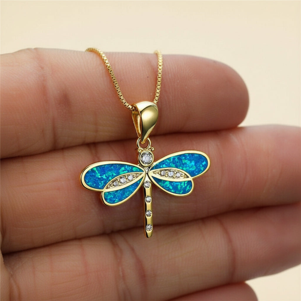 Dragonfly Necklace in Gold with Opal