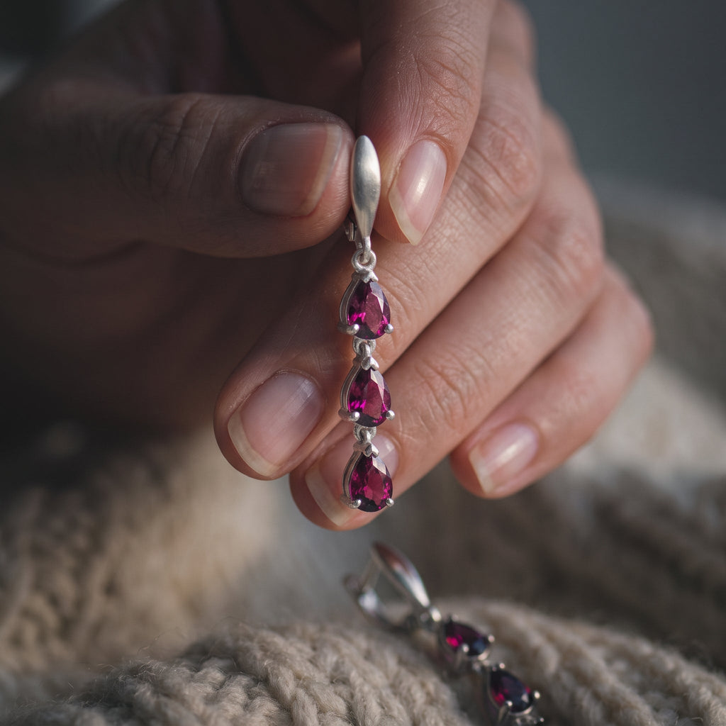 Natural Rhodolite Garnet Drop Earrings in Sterling Silver