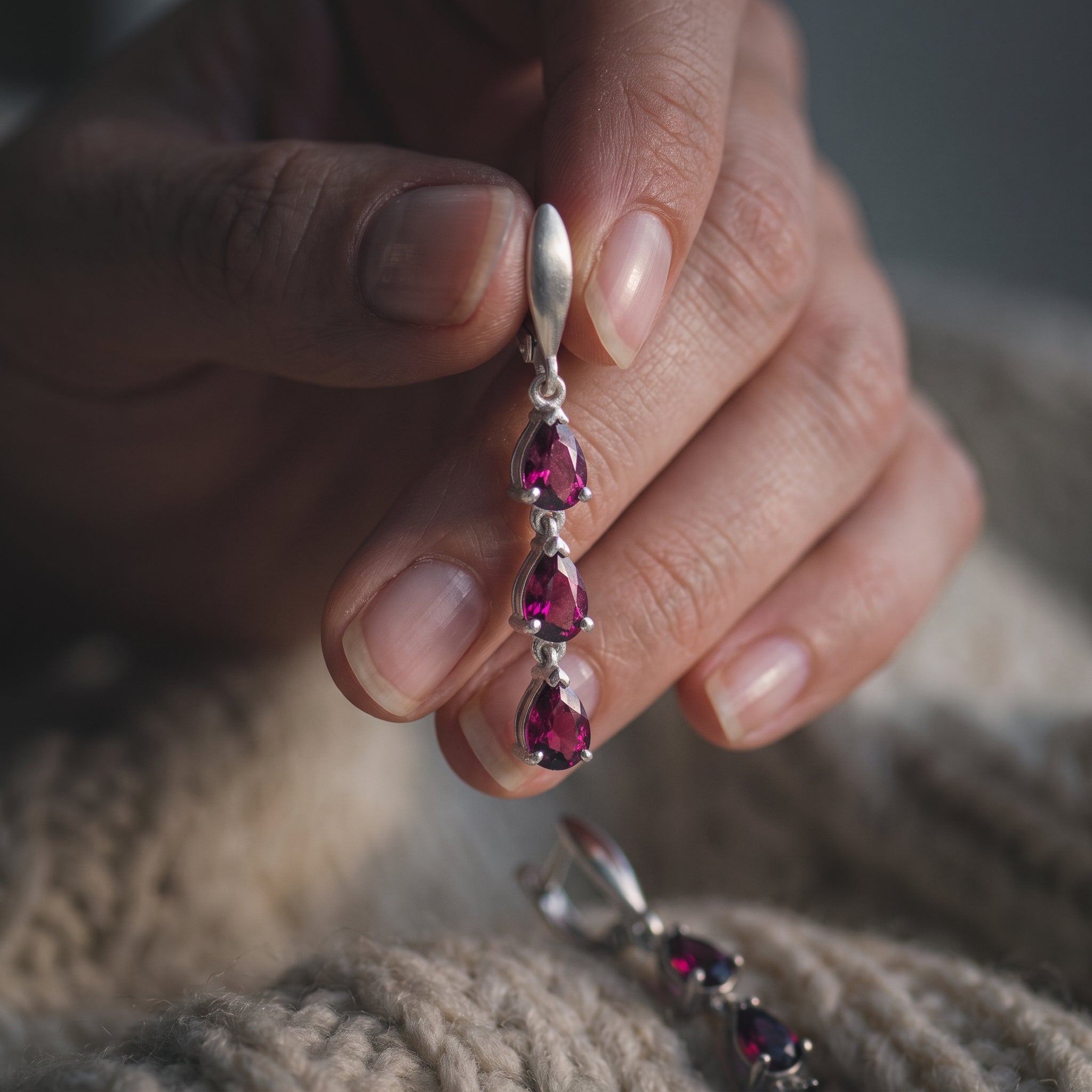 Natural Rhodolite Garnet Drop Earrings in Sterling Silver