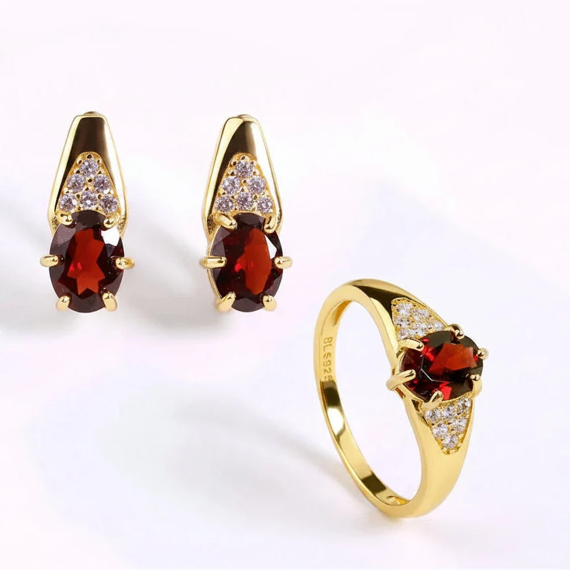 Natural Garnet Ring and Earring Set in Sterling Silver