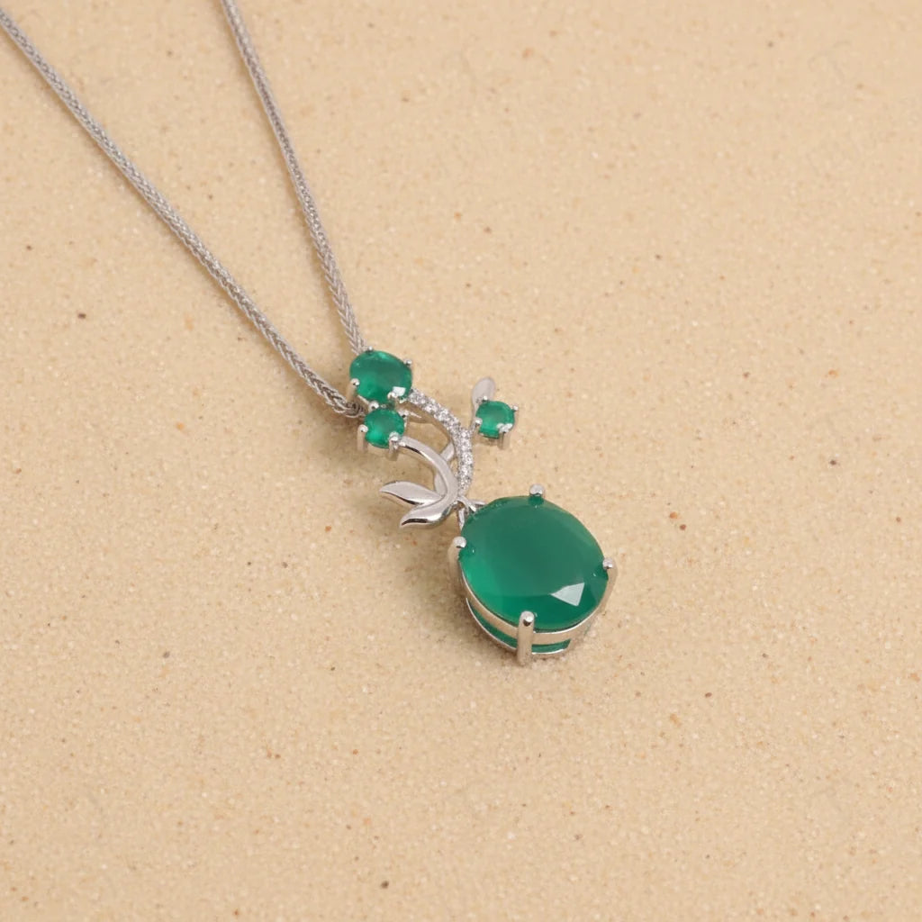Natural Green Agate Pendant Necklace in Sterling Silver