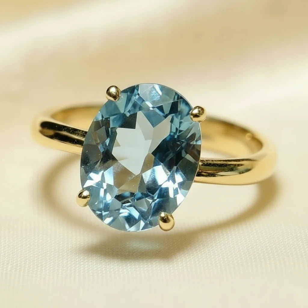 Natural Blue Topaz Solitaire Ring in Gold