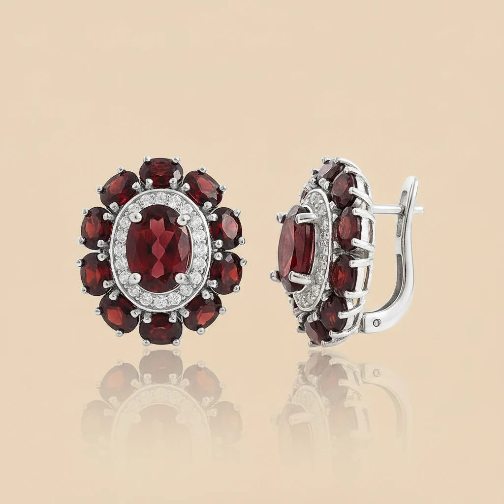 Natural Garnet Cluster Earrings in Sterling Silver
