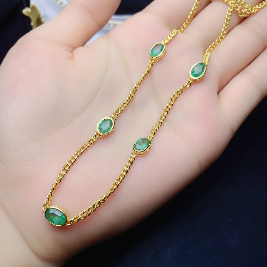 Natural Emerald Bezel Curb Chain Necklace  in Sterling Silver