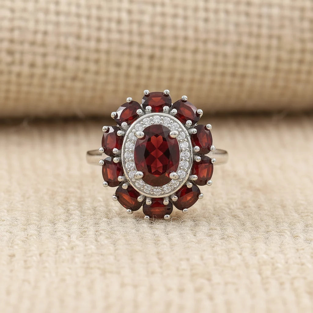 Natural Garnet Halo Ring in Sterling Silver