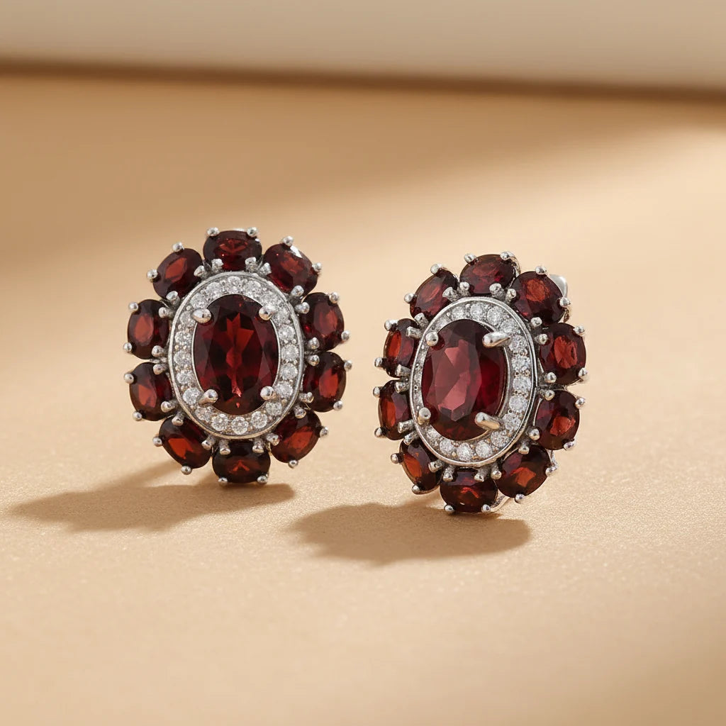 Natural Garnet Cluster Earrings in Sterling Silver