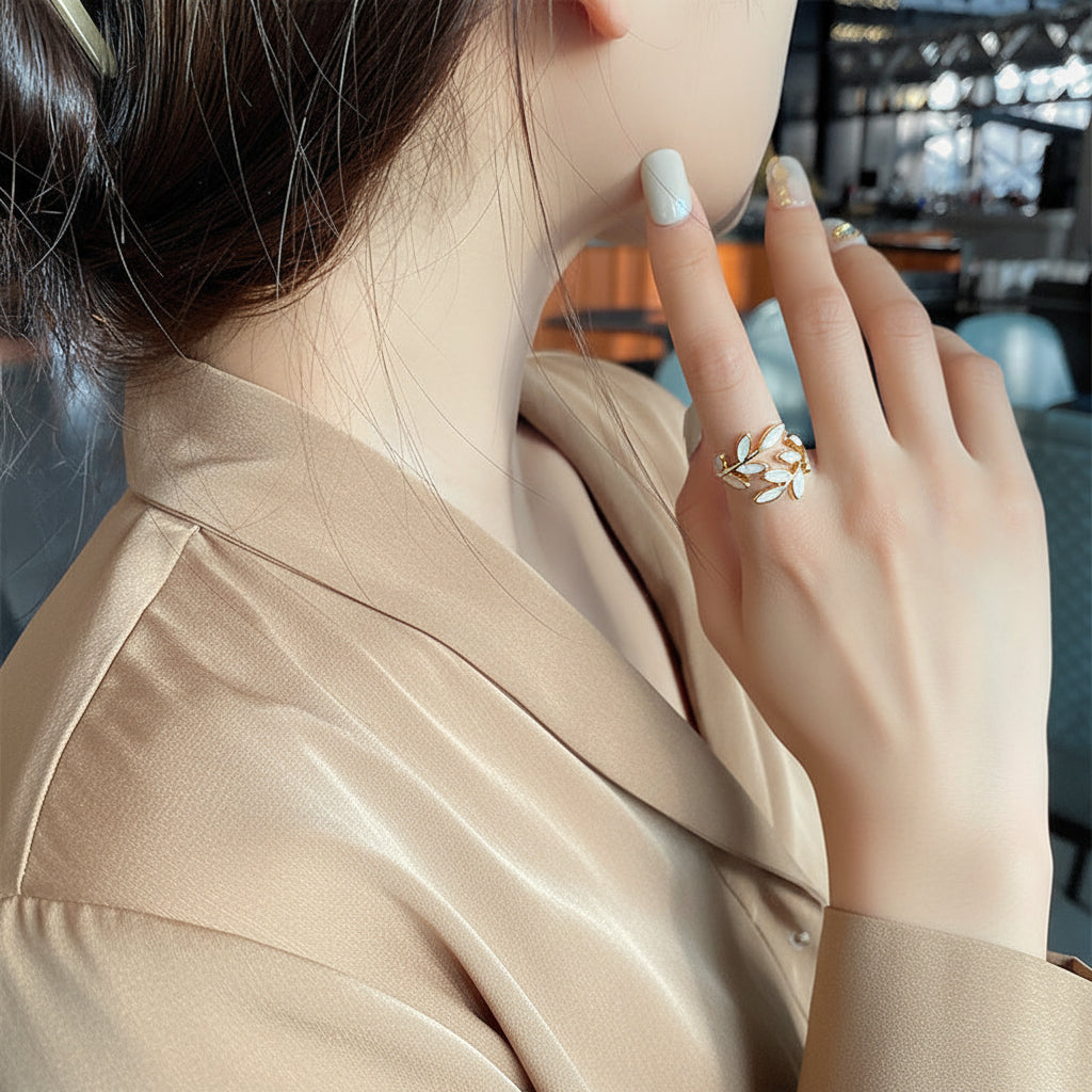 White Opal Leaf Adjustable Ring in Gold