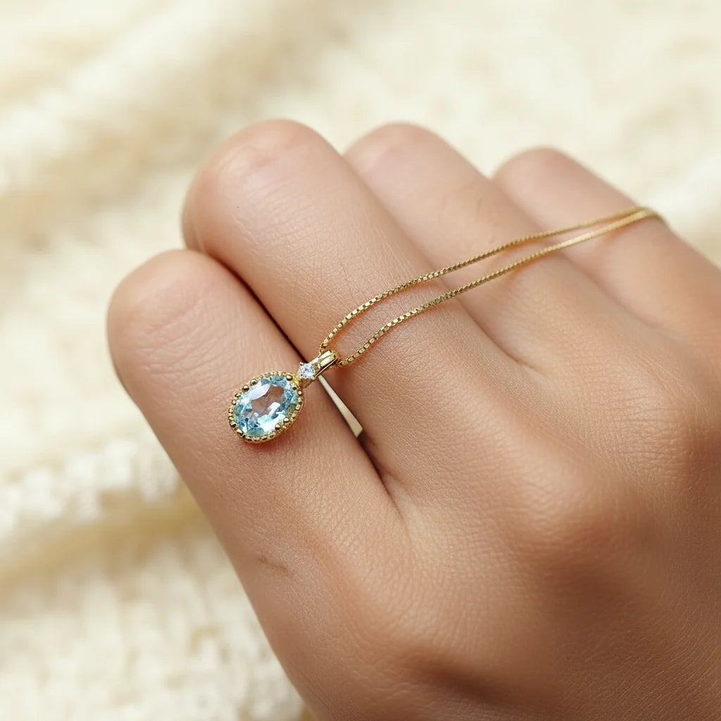 Natural Aquamarine Pendant Necklace in Sterling Silver