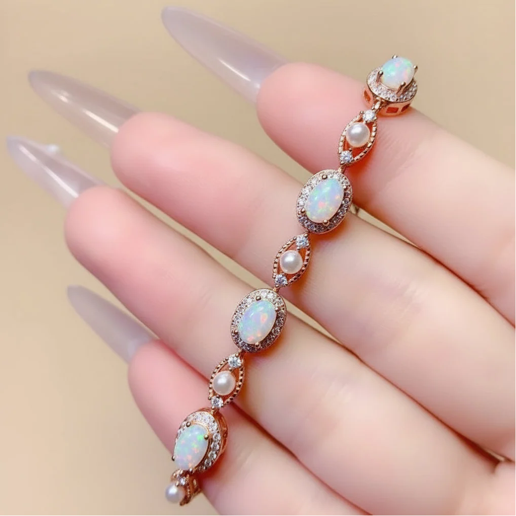 Natural Opal Charm Bracelet  in Sterling Silver