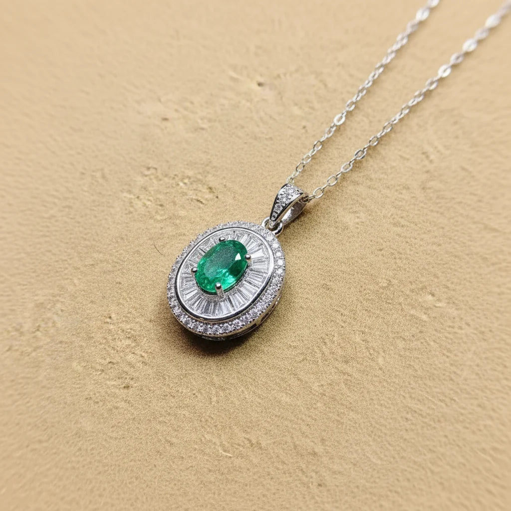 Natural Emerald Halo Pendant Necklace in Sterling Silver