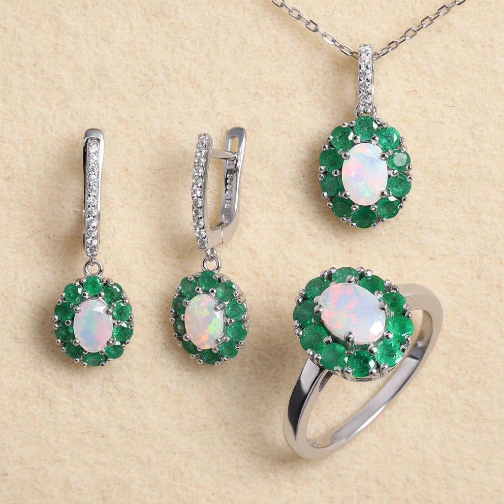 Natural Opal & Emerald Jewelry Set in Sterling Silver