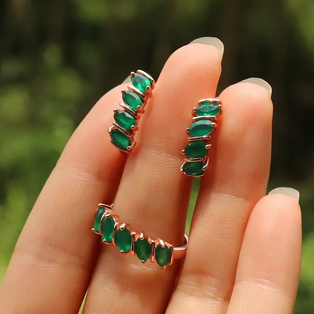 Natural Green Agate Ring & Hoop Earring Set in Sterling Silver