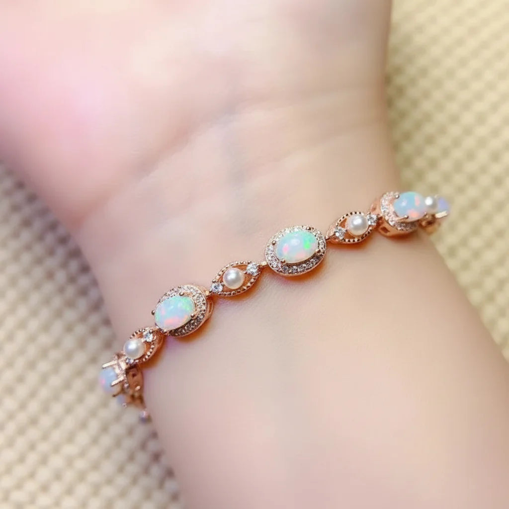 Natural Opal Charm Bracelet  in Sterling Silver