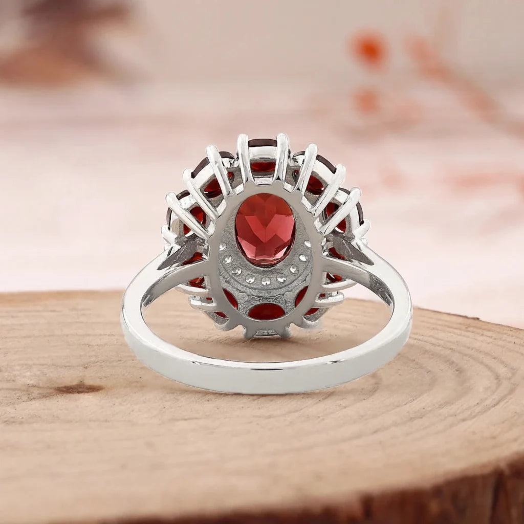 Natural Garnet Halo Ring in Sterling Silver