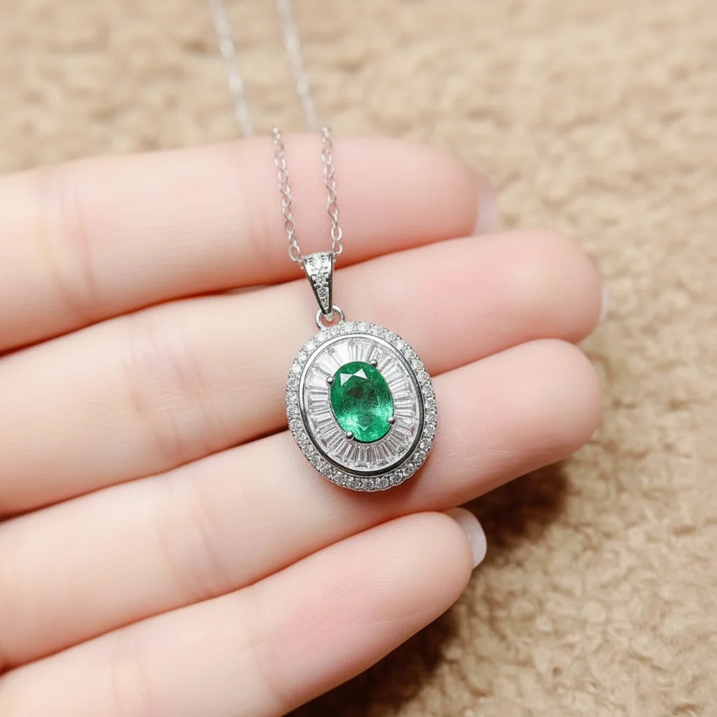 Natural Emerald Halo Pendant Necklace in Sterling Silver